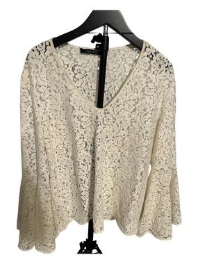 Zara Cream Floral Lace V-Neck Bell Sleeve Blouse